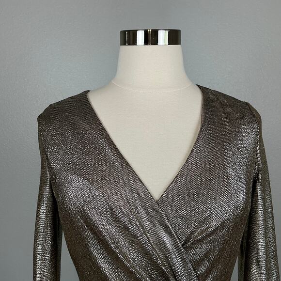 Ralph Lauren Gold Metallic Long Sleeve Cocktail Dress Size 14 V-Neck Sheath - Picture 7 of 13